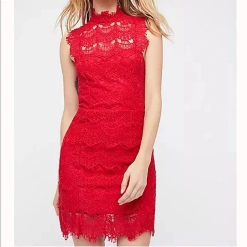 Free People Daydream Lace Open Back Mini Dress NWT In Cherry Size Large
